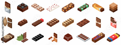 Delicious Isometric Chocolate Bar and Candy Icon Set featuring Milk, Dark, and White Chocolate, Nuts, Fruit Fillings, and Cocoa Pods on White Background.