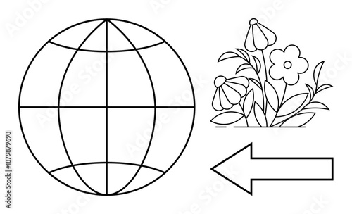 Global connectivity, direction, environment, navigation, eco-friendly concepts, sustainability. A lined globe, flowers and an arrow. Global connectivity and direction concepts visually