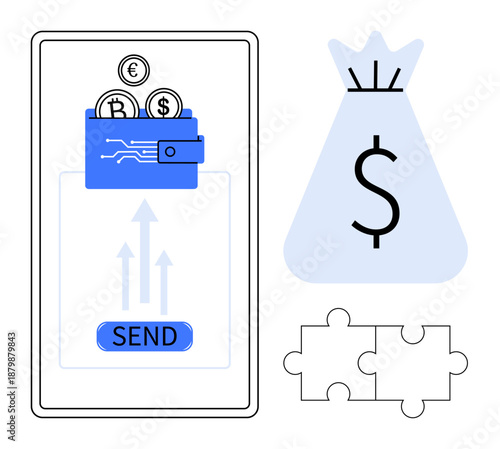 Mobile wallet with cryptocurrency coins and SEND button, dollar moneybag icon, and puzzle pieces. Ideal for finance, digital currency, fintech, investments, payments, banking business strategy