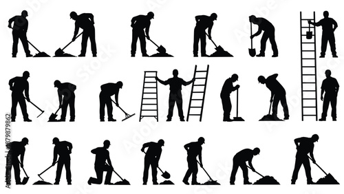 Construction worker silhouettes set, digging and ladder work poses, manual labor activities, black vector illustration, industrial job action icons collection