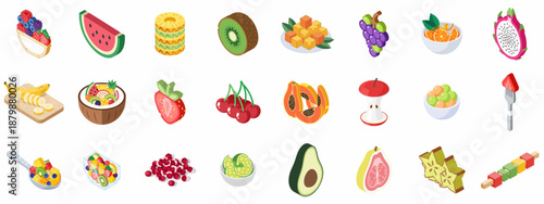 Large Isometric Set of Colorful Fresh Fruits, Berries, and Fruit Salads Vector Icons for Healthy Eating, Nutrition, and Tropical Food Concepts.