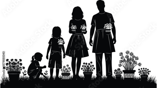 Family gardening silhouette vector illustration, parents and children planting flowers together, eco lifestyle concept, nature care, home garden activity scene