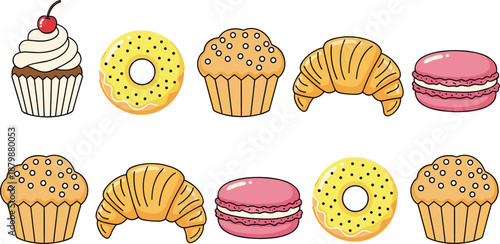 Cute Bakery Desserts Set With Cupcake Donut Croissant Muffin And Macaron Cartoon Vector Illustration