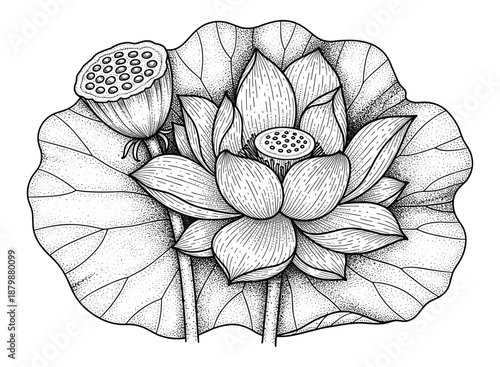 Intricate vector illustration of lotus flower and seed pod on transparent background