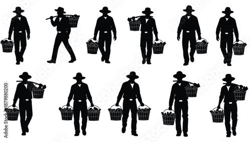 Farmer silhouette vector set, man carrying harvest baskets, agricultural worker poses, rural farming activity, organic produce collection, black illustration design