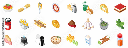 Isometric Icon Set of Classic Italian Food, Pasta Varieties, Ingredients, and Cooking Utensils for Culinary Designs.