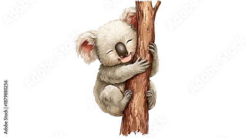 cute cartoon koala hugging tree trunk with closed eyes adorable wildlife charater detailed illustration on white background