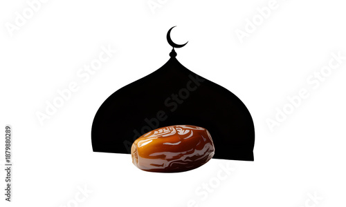 A serene illustration of a mosque dome with a crescent moon and a date palm fruit on transparent background