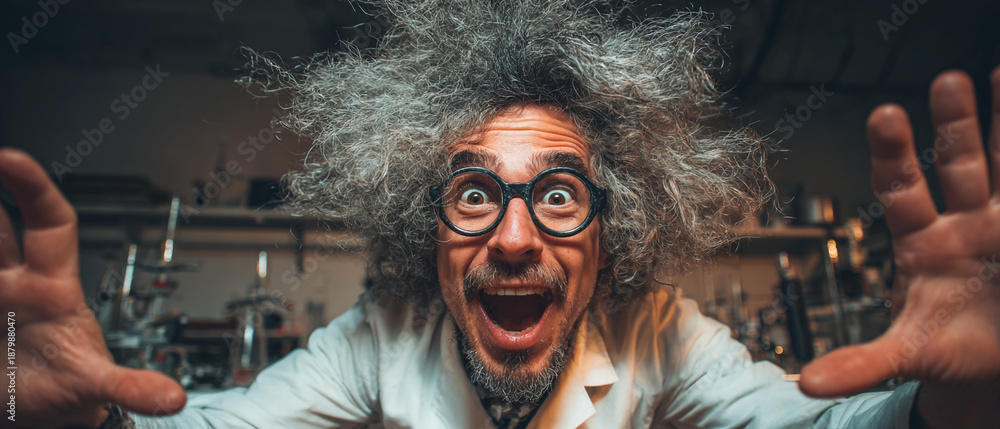 Obraz premium Ecstatic Eccentric Scientist Gesturing in a Dark Laboratory