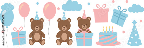 Cute birthday party elements with teddy bears balloons gifts and cake pastel flat vector illustration set