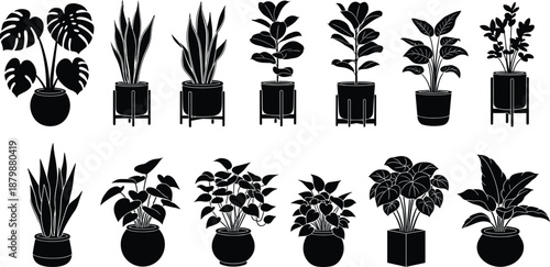 Indoor plant silhouette vector set, potted houseplants collection, modern botanical decor, black icons, minimal garden design elements for home interiors