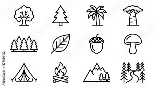 Set of 12 tree and forest line icons. Minimalist nature elements collection with pine, oak, palm, leaf, acorn, mushroom, camping tent, campfire, and mountain landscape. Simple geometric vector style.