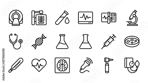 Medical diagnostic icon set. MRI, X-ray, blood test, ECG, syringe, microscope, DNA, stethoscope, heart, brain scan, laboratory flask, thermometer, ultrasound, otoscope, healthcare vector illustration.