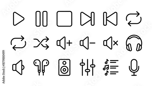 Minimal thin line music player icons set. Play, pause, stop, forward, rewind, repeat, shuffle, volume control, mute, headphones, earphones, audio speaker, equalizer, playlist, microphone design.