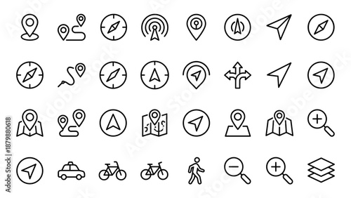Minimalistic map navigation and compass line icon set. GPS location symbols, travel direction elements, route map pins, geolocation, transport, and exploration vector collection on white background