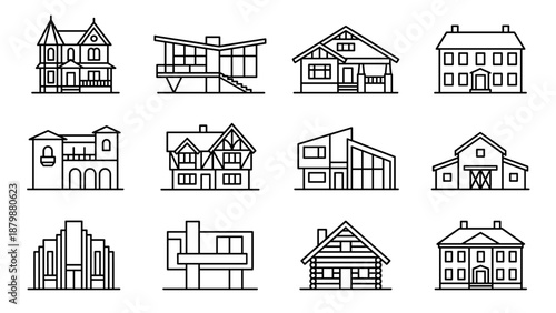 Set of house architecture styles line icons. Minimalistic design of various home types including modern, Victorian, cottage, barn, and classic mansion. Collection of building facade outlines.