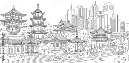 Traditional Asian architecture cityscape illustration, pagoda temples and modern skyline, line art drawing, cultural landscape, urban heritage vector design
