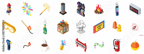 Isometric icons set depicting fireworks, celebration tools, New Year countdown, safety gear, and pyrotechnic equipment like sparklers, rockets, and fire extinguishers.
