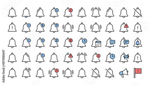 Notification bell icons vector set. Alert and reminder line icons collection. Minimalist user interface symbols for warnings, messages, updates, mute and sound alerts on white background.