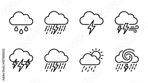 Minimalistic weather icons set with rainy clouds, storm and lightning symbols, wind and thunderstorm line illustrations, meteorology outline pictograms on white background for forecast apps and design