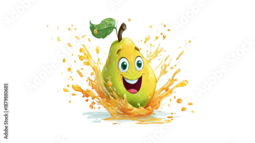 happy cartoon pear character splashing fresh juice droplets with big eyes vibrant fruit mascot isolated on white background