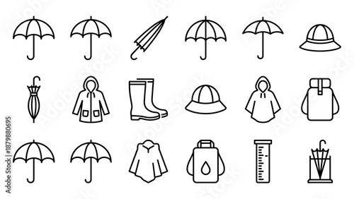 Umbrella and rain gear line icons set. Minimalist outline style. Vector collection of umbrellas, raincoats, boots, poncho, hat, backpack, and weather measurement tools on white background