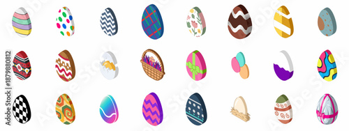 Isometric Easter Egg Icon Set. Collection of colorful decorative eggs, a cracked egg, a gift egg, and a basket, perfect for holiday celebration graphics.