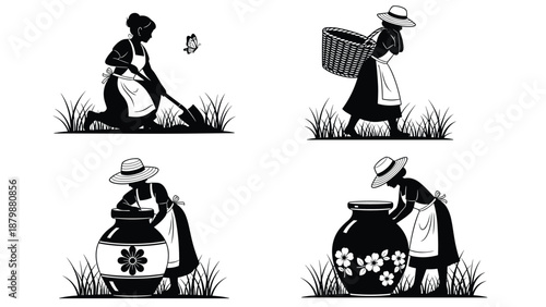 Vintage gardening woman silhouettes, rural farm activities illustration, harvesting and planting scenes, black vector art, retro countryside lifestyle design set
