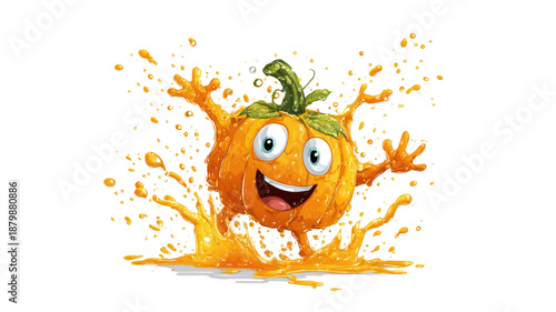 cheerful carttoon pumpkin character splashing orange juice droplets with expressive eyes isolated studio render on white background