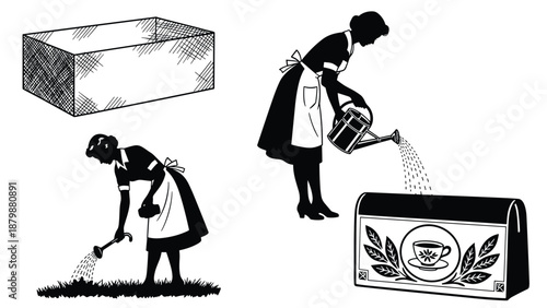 Vintage woman watering plants silhouette, tea box illustration set, gardening concept art, black vector design, retro household activity graphic collection