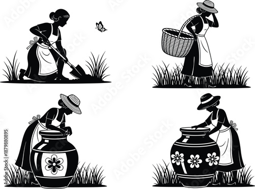 Vintage gardening woman silhouette vector set, farming activities illustration, planting harvesting watering scenes, retro rural lifestyle, black artwork design collection