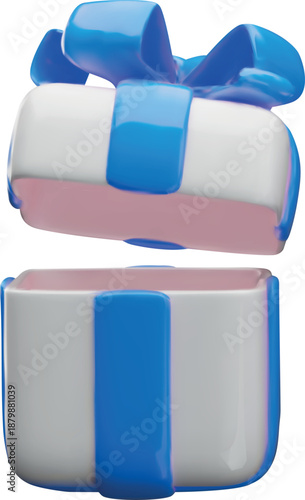 White 3D gift box with an open lid and a blue bow and ribbon, front view.
