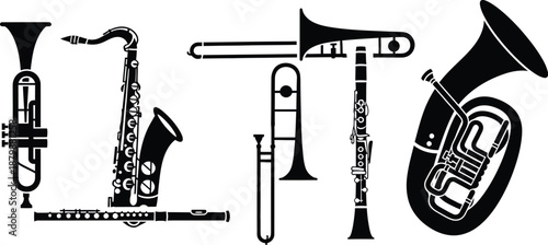 Musical instruments: trumpet,  saxophone,  flute,  trombone, clarinet, and  tuba or euphonium. 