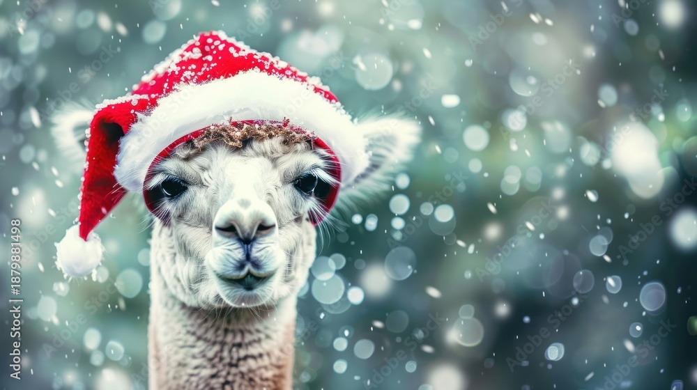 Fototapeta premium Llama Wearing Red Santa Hat Surrounded by Snowfall in Winter Scene