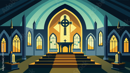 Serene church interior with stained glass windows Vector
