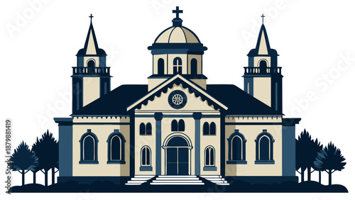 Historic church with twin towers and dome Vector