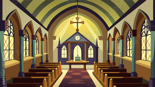 Serene church interior with high ceilings Vector