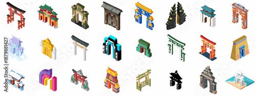 Isometric Collection of World Gates and Arches: Traditional Temples, Ancient Ruins, and Futuristic Entrance Architecture Vector Icons.