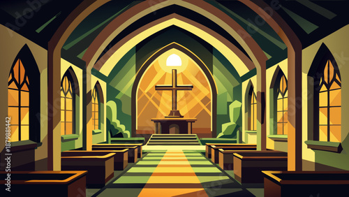 Serene church interior with cross Vector