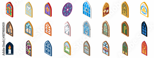 Isometric Set of Stained Glass Windows Icons Featuring Religious Symbols, Church Architecture, and Spiritual Motifs on White Background.