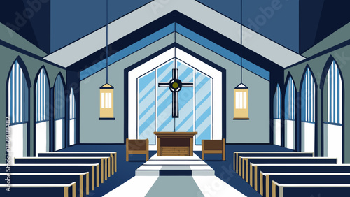 Serene church interior with arched windows Vector