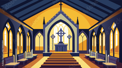 Serene church interior with stained glass Vector