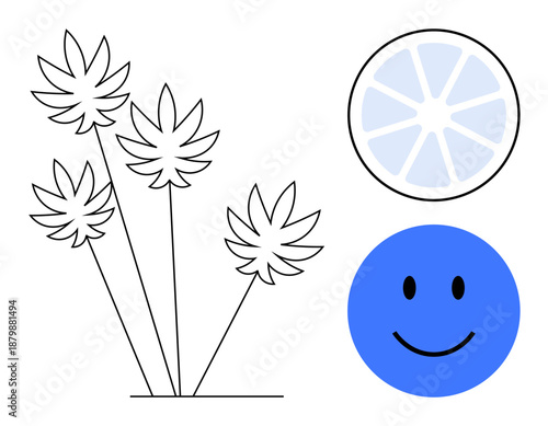 Abstract design. Abstract elements include a blue smile emotion, stylized leaf shapes, and a circular segment design. Abstract creativity, visual communication, and design projects. Suitable