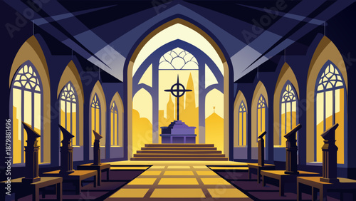 Serene church interior with arched windows Vector