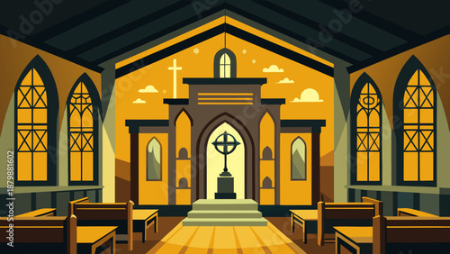 Serene church interior with stained glass windows Vector