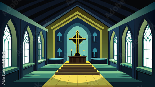 Serene church interior with stained glass windows Vector