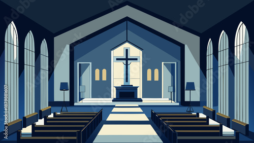 Serene church interior with high ceilings Vector