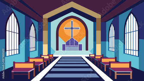 Serene church interior with stained glass windows Vector