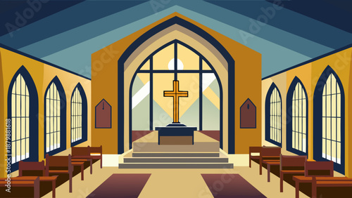 Serene church interior with stained glass windows Vector