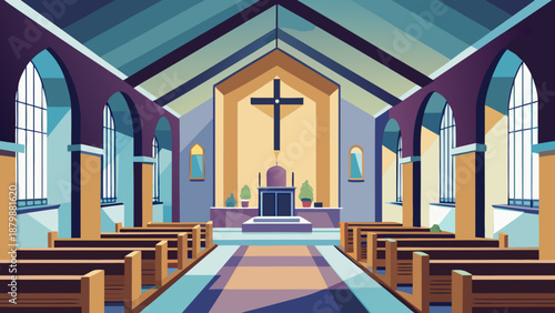 Serene church interior with high ceilings Vector